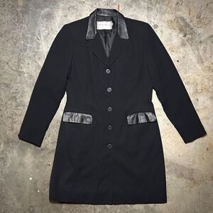 Hugo Buscatti Vintage 90s Black Long Blazer Leather Accents USA